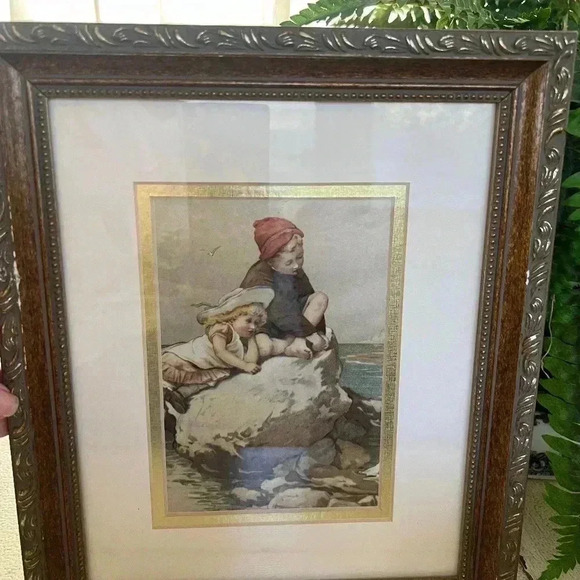 Vintage Wood Framed Matted Picture of Kids by the Water - Picture 1 of 5